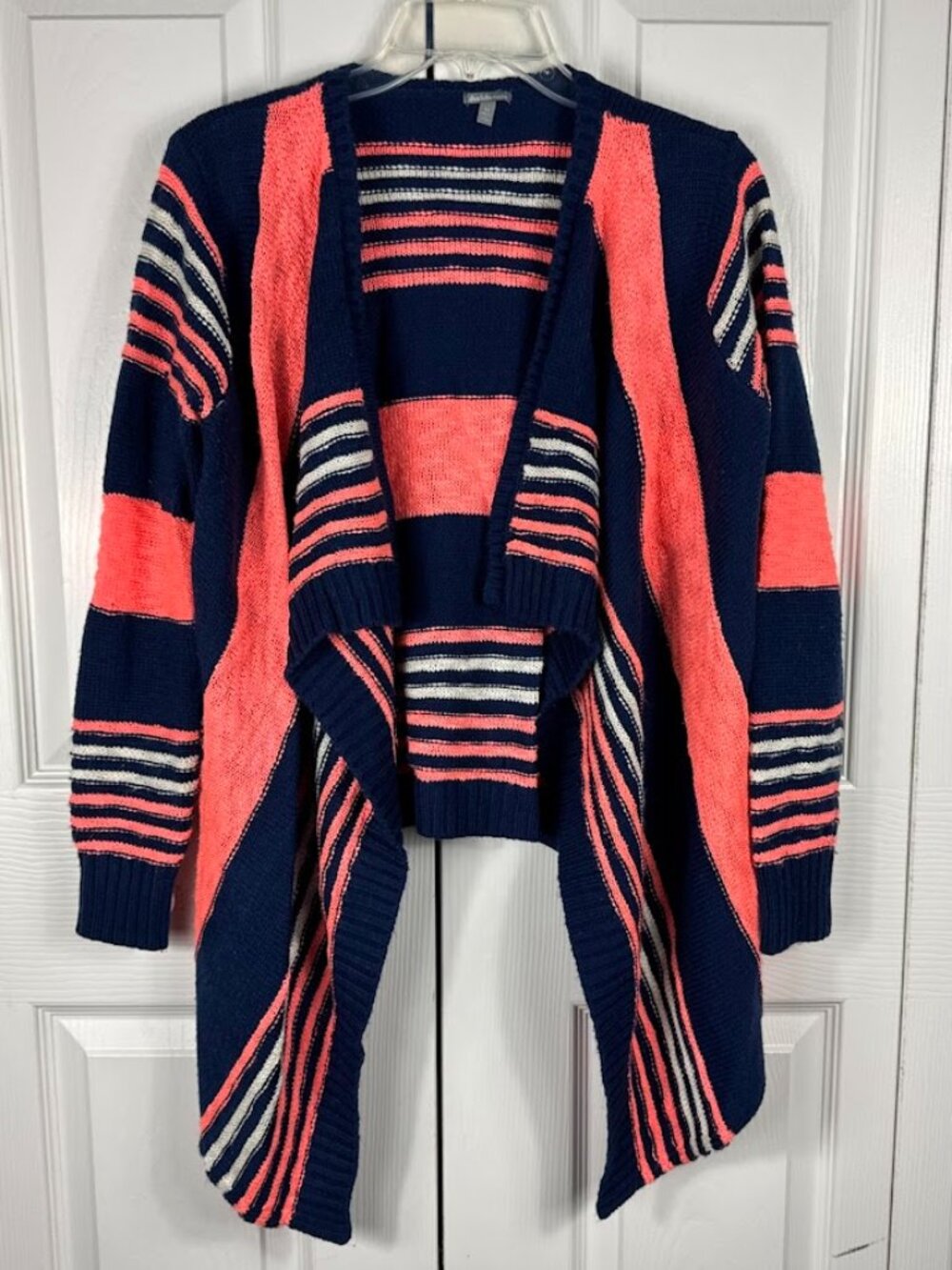 Charlotte Russe Women's Open Front Cardigan Stripe Color Block Navy Coral M